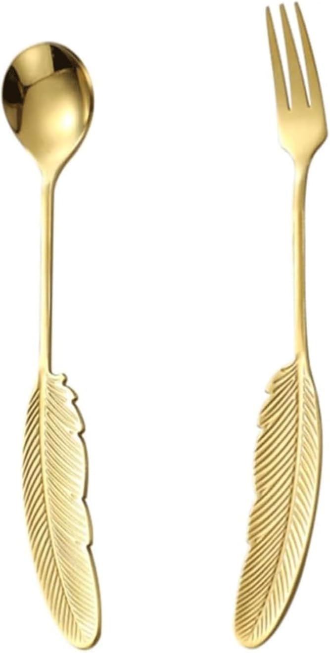 Elegant Gold Feather Dessert Cutlery Set 18 Pieces Stainless Steel Spoons Forks Knives for Cakes Pastries Hospitality Home Table Luxury Gift Set